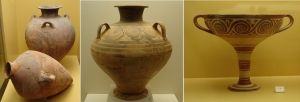Mycenaean chamber tomb pottery; amphorae, conical jar with spiral decoration and stemmed kylix with spirals, 1,400-1,300 BC - source Archaeological Museum, Athens
